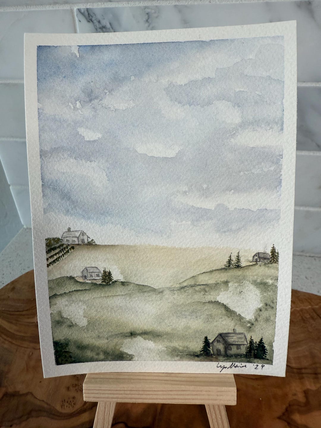 ミニ水彩画 - オリジナル - 風景画 - 山 - 風景 - 家 - Etsy 日本