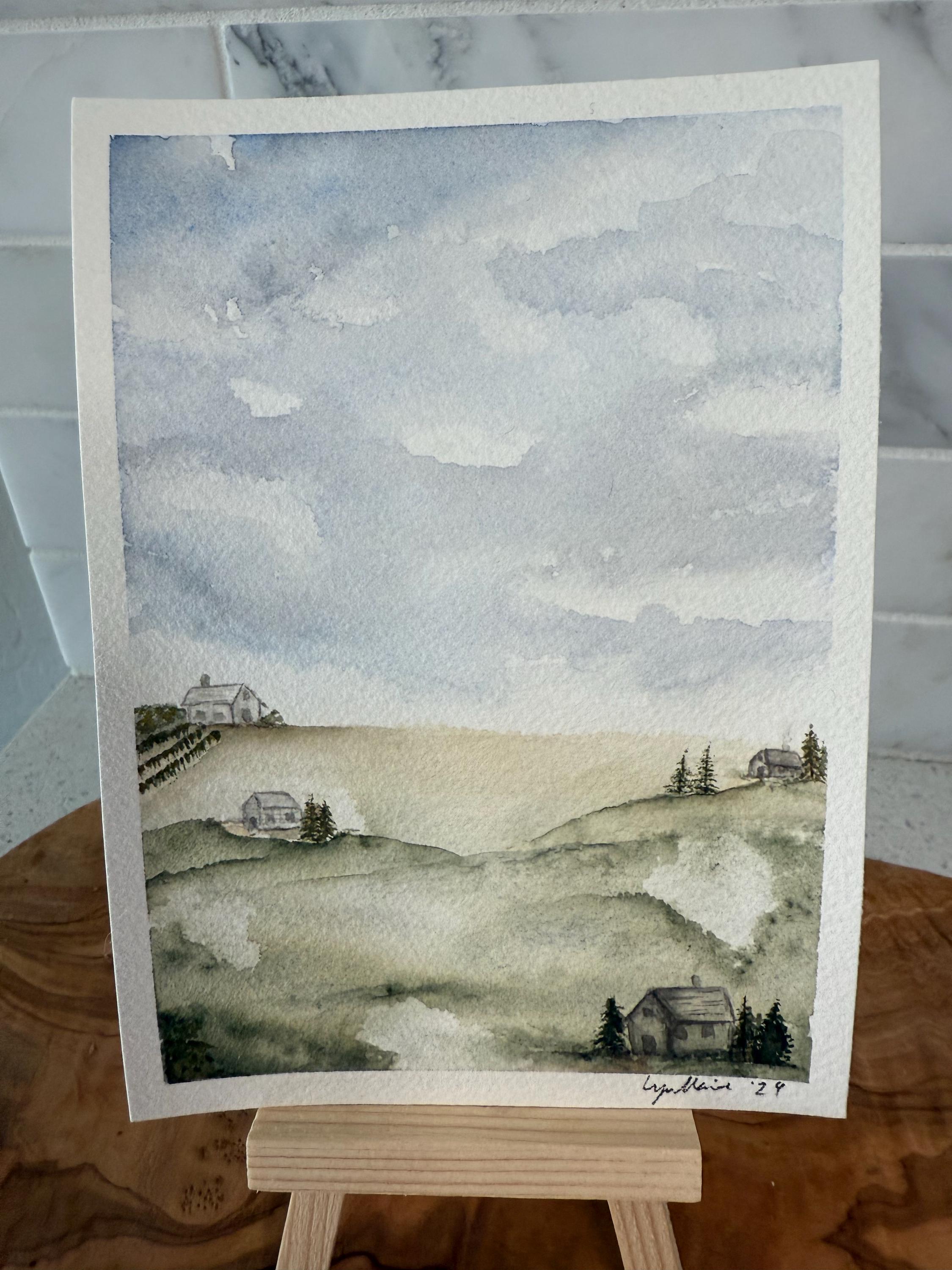ミニ水彩画 - オリジナル - 風景画 - 山 - 風景 - 家 - Etsy 日本