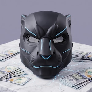 May include: A matte black panther mask featuring sharp, angular facial contours and bright cyan blue line accents along the ears, eyes, nose, and mouth. The eye sockets are covered with a fine black mesh screen, creating a sleek, stylized appearance.