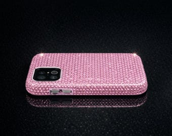 Luxury Swarovski Light Rose Crystal iPhone Case: Bling Phone Cover for iPhone 17 / 16 /15 Pro Max Plus – Rhinestone Pink Sparkly Unique Case
