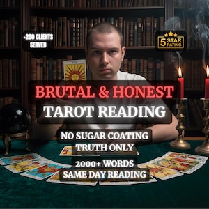 May include: A person holding a tarot card with a sun design, with the text "BRUTAL & HONEST TAROT READING". The image includes a crystal ball, candles, and other tarot cards. Text on the image includes "NO SUGAR COATING", "TRUTH ONLY", and "2000+ WORDS".