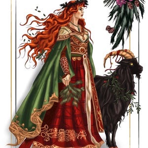 May include: Illustration of a woman with flowing red hair wearing a green and red dress, holding a sprig of greenery. A black goat with decorative horns stands beside her. The image has a festive, holiday theme.