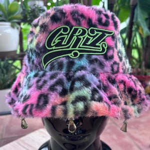 Griz Inspired Fuzzy Festival Bucket Hat with Glow in Dark Patch and Beaded Fringe