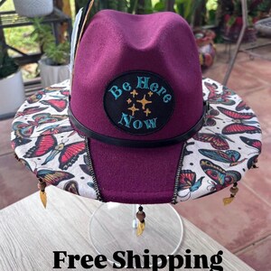 Be Here Now Butterfly Inspired Wide Brim Festival Hat with Beaded Fringe