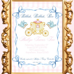May include: A framed invitation with a gold ornate border. The invitation features a pink and white checkered background with a carriage, birds, and blue ribbons. Text includes "Bibbidi, Bobbidi, Boo" and event details.