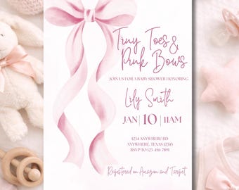 Tiny Toes & Pink Bows Baby Shower Invitation – Custom Baby Girl Shower Invite, Pink Bow Theme
