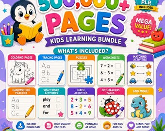 May include: A digital kids learning bundle featuring 500,000+ pages with coloring, tracing, puzzles, worksheets, matching, handwriting, sight words, math, and dot marker activities. Includes a penguin, unicorn, frog, ladybug, and dinosaur graphics.