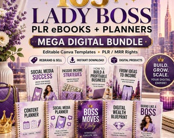May include: A digital bundle featuring 105+ Lady Boss PLR eBooks and planners with editable Canva templates. The display includes multiple spiral-bound books with titles like Social Media Success, Content Planner, and Boss Moves Only.