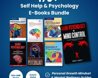 May include: A collection of psychology e-books, including titles like "Dark Psychology & Mind Control" and "Essentials of Psychology." The image features a bundle of books with colorful covers, promoting self-help and mental wellness guides. The text reads "170+ Self Help & Psychology E-Books Bundle."