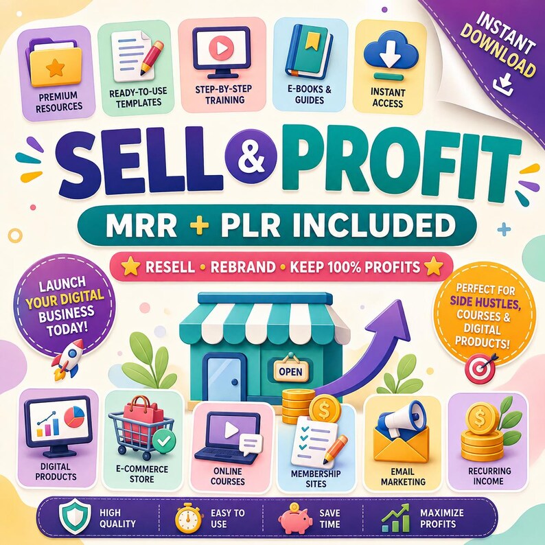 May include: A digital marketing graphic titled SELL & PROFIT MRR + PLR INCLUDED. It features icons for premium resources, templates, training, e-books, and instant access. Includes a shop illustration, charts, shopping cart, and coins.