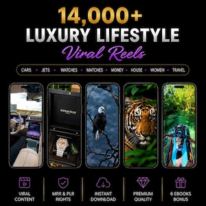 May include: A digital graphic featuring the text 14,000+ LUXURY LIFESTYLE Viral Reels. It displays five smartphone screens showing images of a car interior, an Audemars Piguet watch, an eagle, a tiger, and a jet ski, with icons for content.