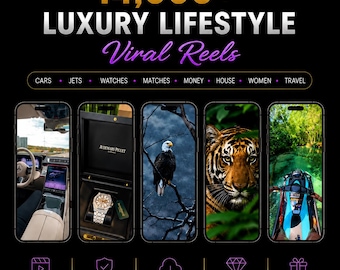 May include: A digital graphic featuring the text 14,000+ LUXURY LIFESTYLE Viral Reels. It displays five smartphone screens showing images of a car interior, an Audemars Piguet watch, an eagle, a tiger, and a jet ski, with icons for content.