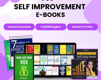 May include: An advertisement for over 750 self-improvement e-books. The image features a laptop and tablet displaying book covers, with text that reads "Instant Download," "PLR/MRR Rights," and "Resell for Profits." The website address is www.seesparkdesigns.etsy.com.