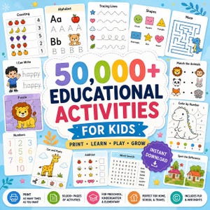 May include: A digital collection of 50,000+ educational activities for kids featuring worksheets for counting, alphabet tracing, shapes, mazes, writing, puzzles, matching, color by number, cut and paste, addition, and word search with a blue background.
