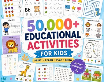 May include: A digital collection of 50,000+ educational activities for kids featuring worksheets for counting, alphabet tracing, shapes, mazes, writing, puzzles, matching, color by number, cut and paste, addition, and word search with a blue background.