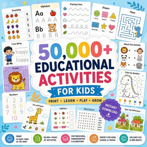 50,000+ Kids Activity Bundle, Printable Worksheets Coloring Pages & Games, Preschool Kindergarten Learning Pack, Homeschool PLR MRR