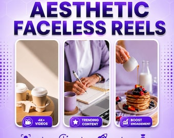 May include: A digital graphic with the text 6000+ AESTHETIC FACELESS REELS UPDATED 2025. It features three panels: two coffee cups in a carrier, a person writing in a notebook, and syrup being poured over pancakes. Icons and text include 4K+ VIDEOS, TRENDING CONTENT, BOOST ENGAGEMENT, FACELESS CONTENT, SAVE TIME & EFFORT, GROW YOUR BRAND, PERFECT FOR BUSINESS, and the URL www.seesparkdesigns.etsy.com.