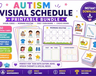 May include: A printable autism visual schedule bundle featuring 50 colorful cards with illustrations for morning routines, first-then boards, and choice boards. The set includes text labels like wake up, brush teeth, and good job, designed for daily organization.