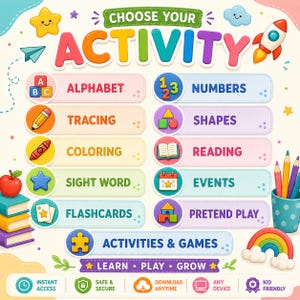 May include: A colorful educational activity chart titled CHOOSE YOUR ACTIVITY with categories including ALPHABET, NUMBERS, TRACING, SHAPES, COLORING, READING, SIGHT WORD, EVENTS, FLASHCARDS, PRETEND PLAY, and ACTIVITIES & GAMES, featuring icons and LEARN PLAY GROW text.