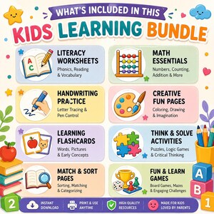 May include: A digital educational bundle titled WHAT'S INCLUDED IN THIS KIDS LEARNING BUNDLE featuring sections for literacy worksheets, math essentials, handwriting practice, creative fun pages, flashcards, logic activities, and games.