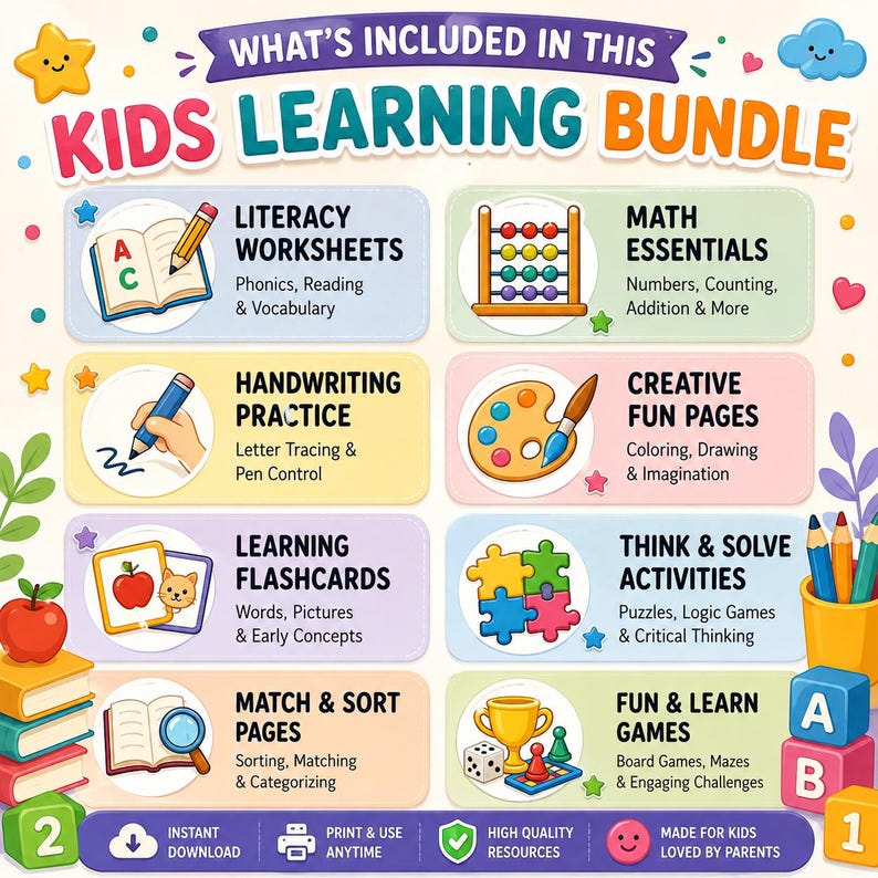 May include: A digital educational bundle titled WHAT'S INCLUDED IN THIS KIDS LEARNING BUNDLE featuring sections for literacy worksheets, math essentials, handwriting practice, creative fun pages, flashcards, logic activities, and games.