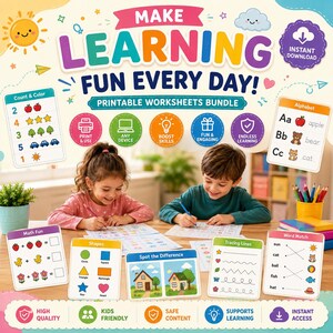 May include: A digital printable worksheets bundle titled Make Learning Fun Every Day featuring colorful educational graphics, icons, and text. The layout includes various activity cards for counting, alphabet practice, math, shapes, and word matching.