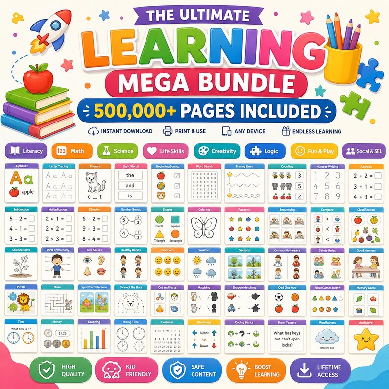 May include: A digital educational resource titled The Ultimate Learning Mega Bundle with 500,000+ pages. The graphic features a stack of books, a rocket, a pencil holder, and a grid of colorful worksheets covering literacy, math, science, and life skills.