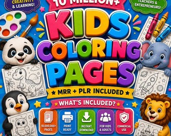 May include: A digital graphic for 10 Million+ Kids Coloring Pages featuring a panda, elephant, penguin, and lion holding coloring sheets. Includes icons for print ready, instant download, and commercial use, with text SeeSparkDesigns.