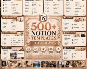 May include: A digital bundle of 500+ Notion templates featuring a central gold emblem with the letter N. The layout includes various dashboard categories like Personal, Business, Productivity, Finance, Health, Students, Projects, Content, Travel, and Real Estate with organized lists, icons, and text labels for planning and tracking tasks.