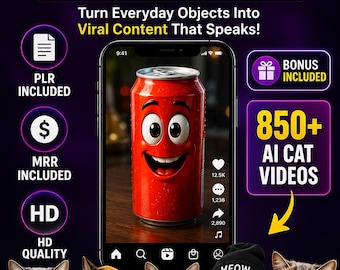 May include: A digital marketing bundle graphic titled AI TALKING OBJECT VIRAL REELS BUNDLE featuring a smartphone displaying a red soda can with a cartoon face, surrounded by text icons for PLR, MRR, HD quality, and 850+ AI cat videos.