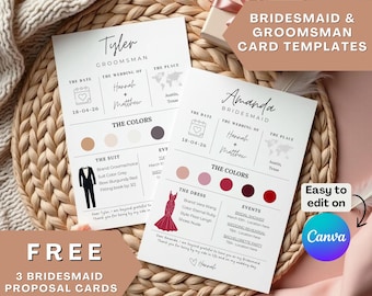 Brautjungfer Vorschlag Kartenvorlage, bearbeitbare Brautjungfer Info-Karte, Brautjungfer Groomsman Vorlage, Brautparty Thema Farben Canva Vorlage
