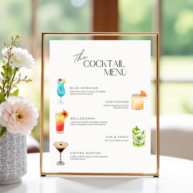 May include: A gold-framed sign with a white background and black text listing a cocktail menu. The menu includes four cocktails: Blue Hawaiian, Greyhound, Belladonna, and Gin & Tonic. Each cocktail is illustrated with a watercolor painting of the drink.