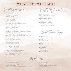 May include: A printable bridal shower game list with various game ideas, including "Guess the Dress" and "Bridal Bingo." The design features a soft, watercolor-style background with elegant, handwritten-style text. The list also includes key answers.