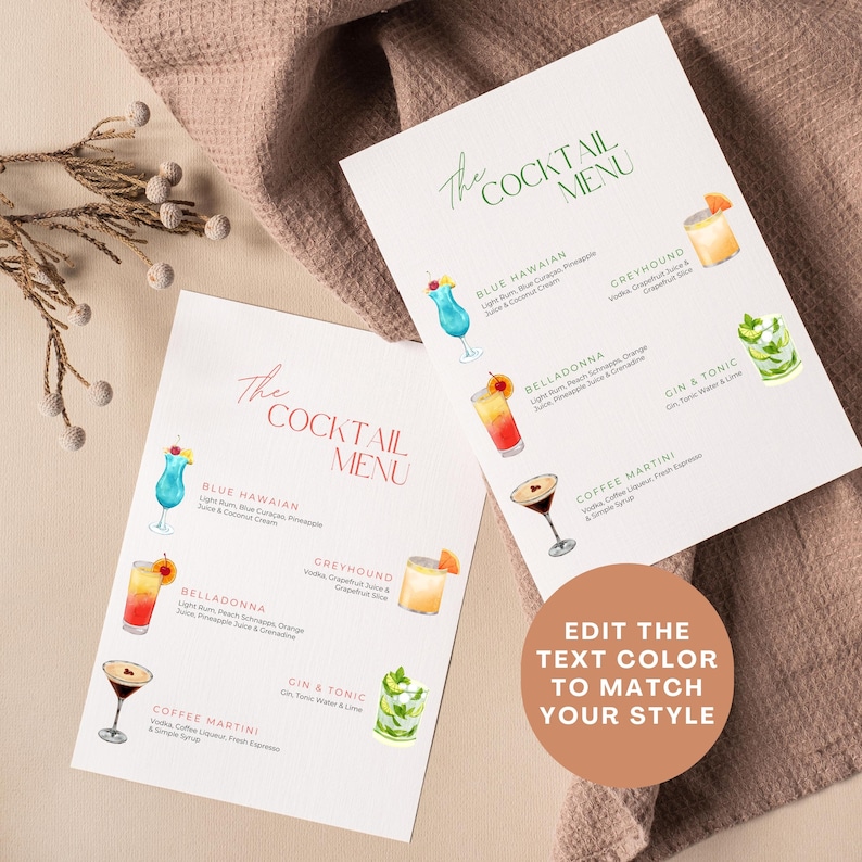 May include: Two printable cocktail menu cards with watercolor illustrations of cocktails. The text on the cards reads "The Cocktail Menu" and lists the names and ingredients of various cocktails, including Blue Hawaiian, Greyhound, Belladonna, Gin & Tonic, and Coffee Martini.