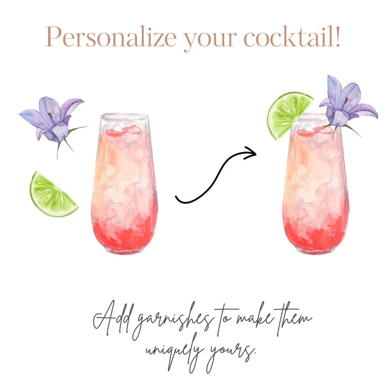 May include: Two watercolor illustrations of cocktails. The first cocktail is plain. The second cocktail has a lime wedge and a purple flower garnish. The text "Add garnishes to make them uniquely yours." is below the images.