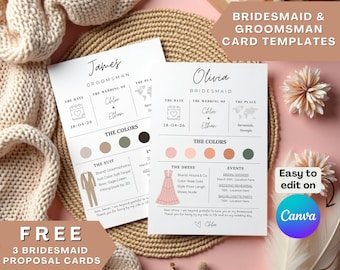 Brautjungfer Vorschlag Kartenvorlage, bearbeitbare Brautjungfer Info-Karte, Brautjungfer Groomsman Vorlage, Brautparty Thema Farben Canva Vorlage