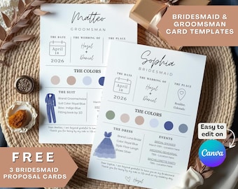 Brautjungfer Vorschlag Kartenvorlage, bearbeitbare Brautjungfer Info-Karte, Brautjungfer Groomsman Vorlage, Brautparty Thema Farben Canva Vorlage