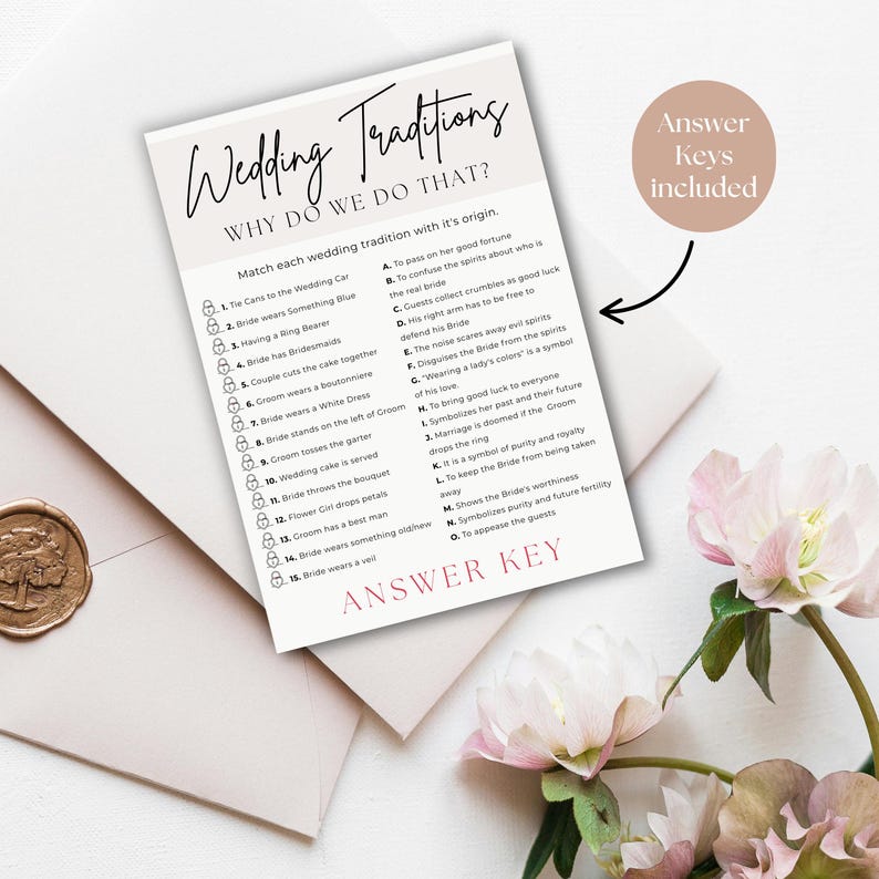 May include: A wedding traditions game card with the text "Wedding Traditions, Why Do We Do That?" is displayed. The card has a list of wedding traditions to match with their origins. The words "Answer Key" are at the bottom. A pink flower and envelope are in the background.