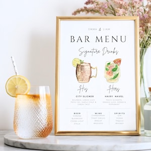 Boissons pour elle et lui, cocktail signature, carte de cocktails, enseigne pour menu de bar, boisson signature, carte de bar pour mariage, boisson signature pour mariage