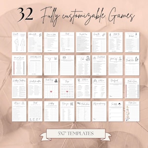 May include: A collection of 32 fully customizable games printed on white 5x7 inch templates. The games feature various designs and text, including bridal shower and wedding-themed activities. The text "5x7" TEMPLATES" is displayed on a banner at the bottom.