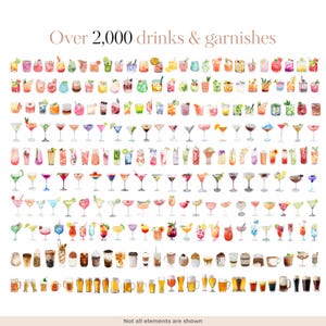 May include: Over 2,000 watercolor illustrations of drinks and garnishes, including cocktails, mocktails, beers, and coffees.  Not all elements are shown.