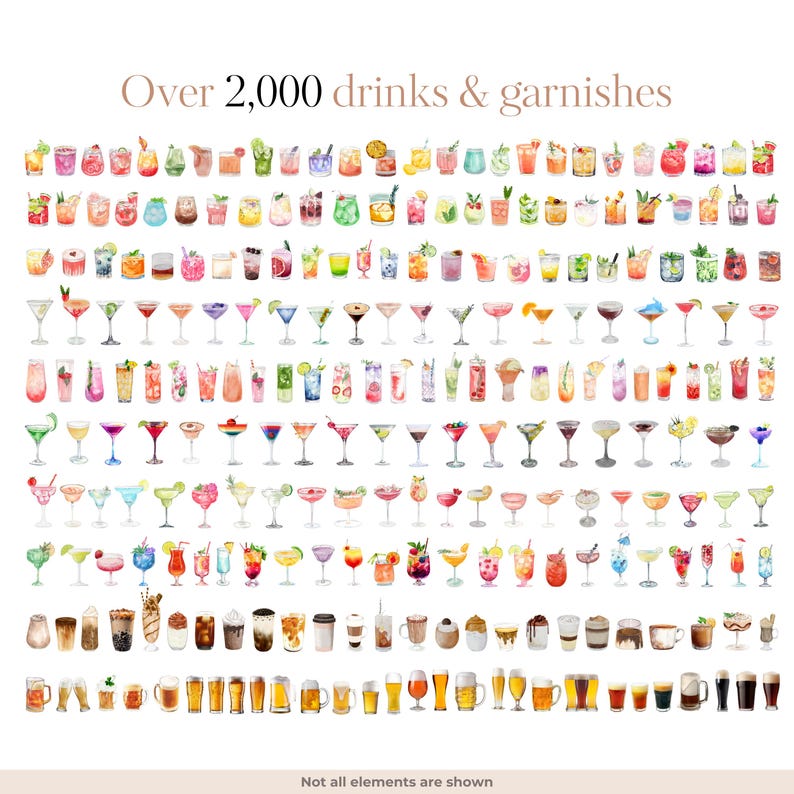 May include: Over 2,000 watercolor illustrations of drinks and garnishes, including cocktails, mocktails, beers, and coffees.  Not all elements are shown.