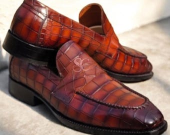 Compre zapatos de vestir tipo mocasín sin cordones, nuevos, hechos a mano, de piel marrón con estampado de cocodrilo, talla US 9.5.