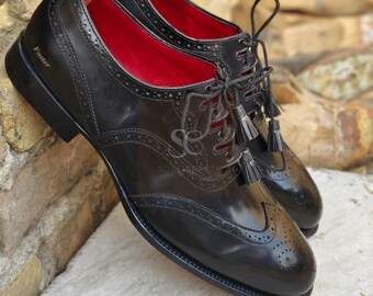 New Handmade Black Leather Oxford Dress Shoes, Lace Up Wingtip Formal Wear Shoes
