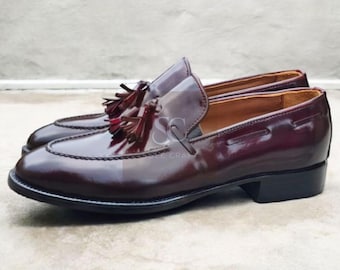 Kup nowe, ręcznie robione bordowe skórzane mokasyny typu loafer, wsuwane buty wizytowe