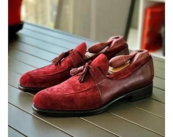 New Men Handmade Red Leather and Suede Dress Shoea, Formal Dress Loafers Shoes