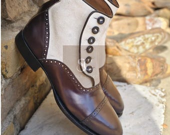 Buy New Bespoke Handmade Genuine Two Tone Leather and Suede Ankle Dress/Formal Button Boots