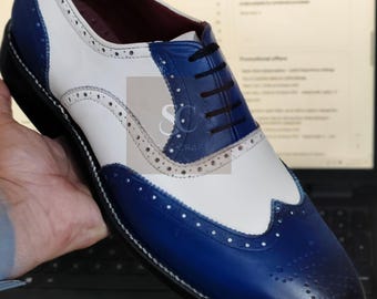 New Handmade Leather Wingtip Brogue Oxford Shoes Blue & White Dress Shoes