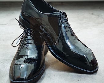 Bespoke Handmade Black Patent Leather Oxford Lace up Brogue Dress Shoes
