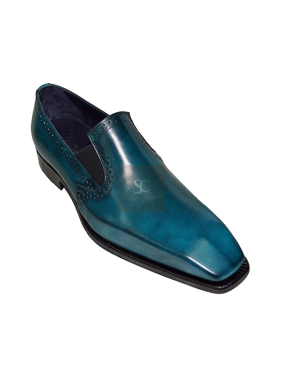 Buy New Handmade Green Leather Dress Loafers Men's Formal Slip-On Dress Shoes